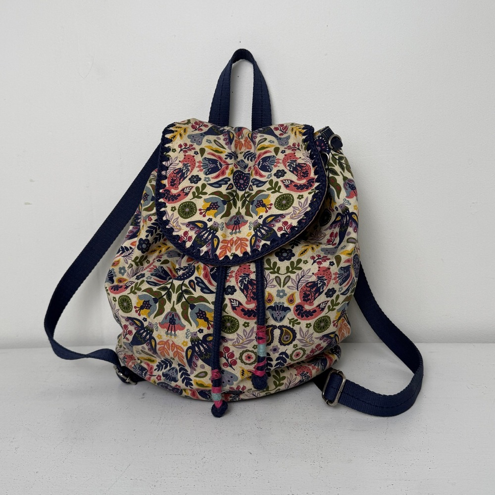 Sakroots Floral Bird Canvas Mini Backpack Boho‎ Drawstring Navy Blue Bag